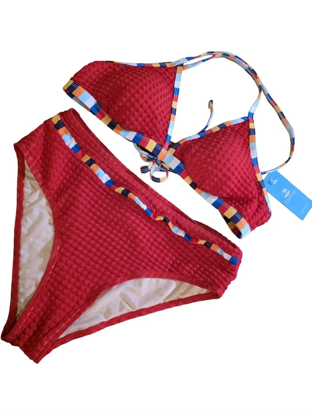 Cupshe Cross Back Triangle Top & Hipster Bottoms Red Textured Swimwear Sz S NWT